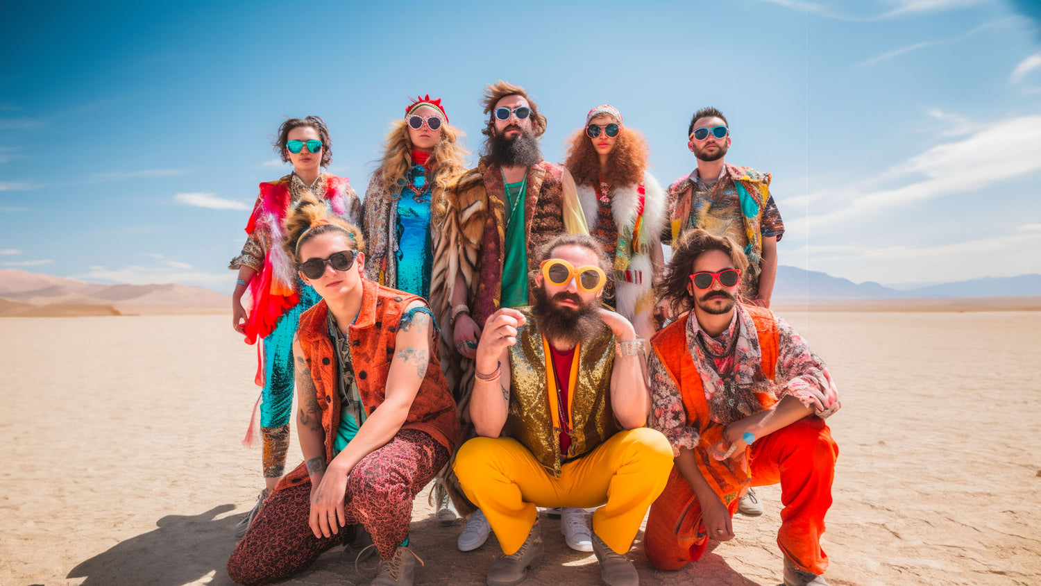 A colorful group of people from burning man wearing sunglasses