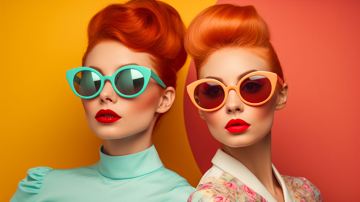 two women wearing bright colored cateye sunglasses