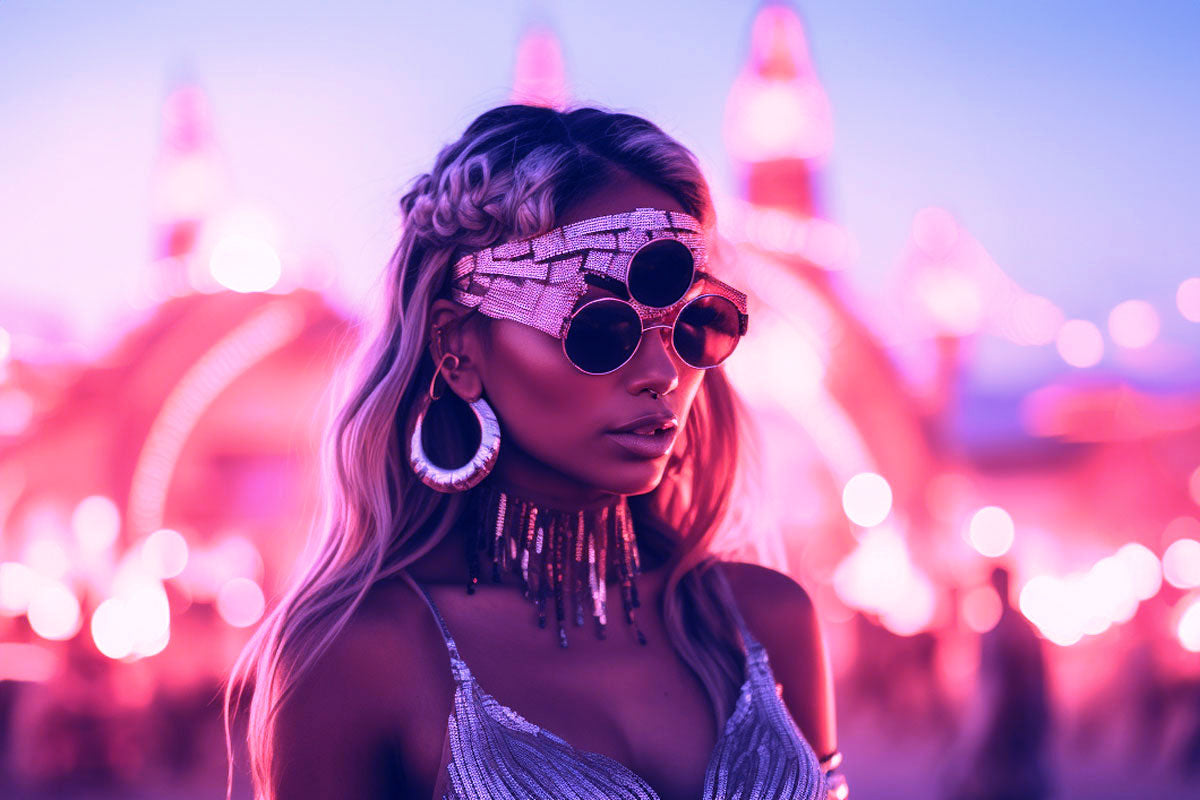 girl at a festival wearing round sunglasses